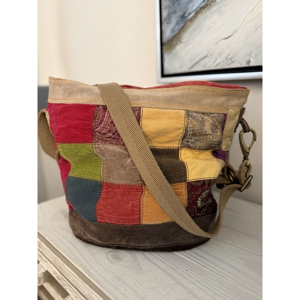VTG Lucky Brand Corduroy Patchwork Boho Shoulder Bag large Crossbody Hobo Tote